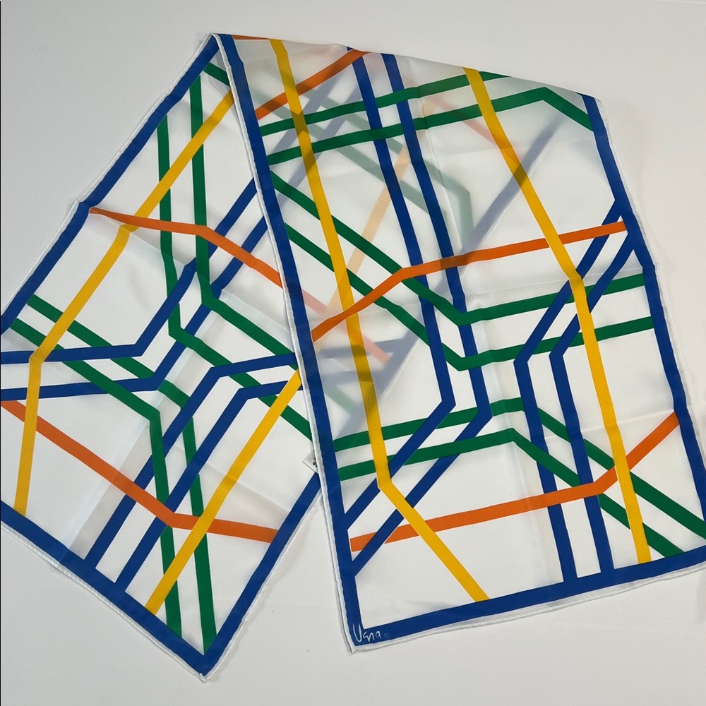 Vintage Vera Neumann Geometric scarf blue green & orange  handrolled  deadstock